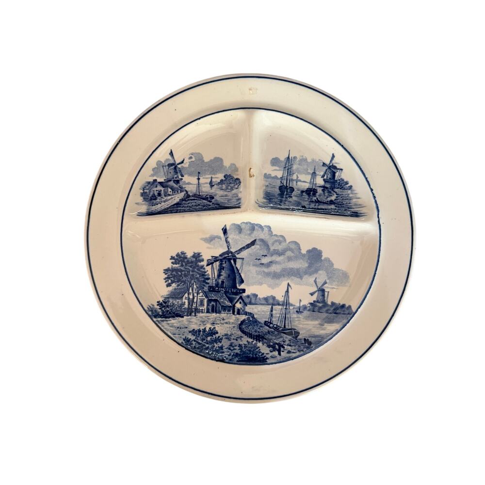 Vintage German Porcelain Divided Dinner Plate Windmills & Boats White Blue